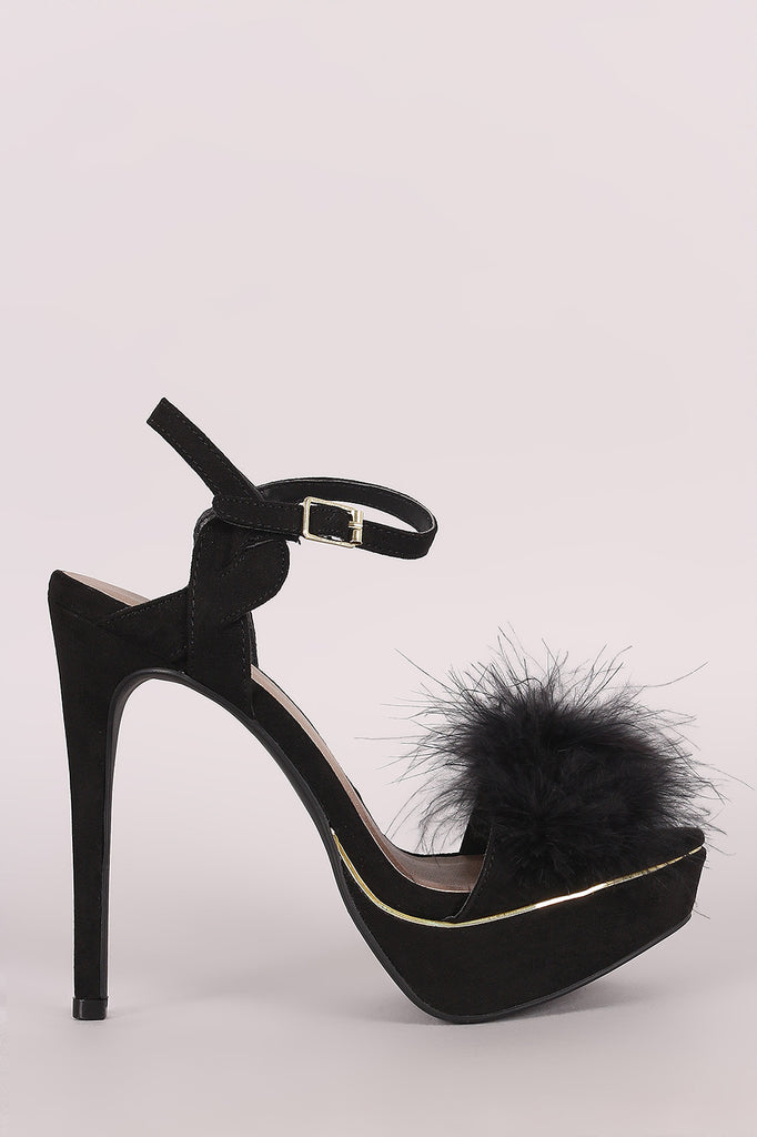Qupid Faux Feather Band Ankle Strap Suede Stiletto Platform Heel
