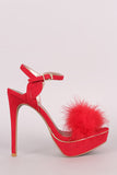 Qupid Faux Feather Band Ankle Strap Suede Stiletto Platform Heel