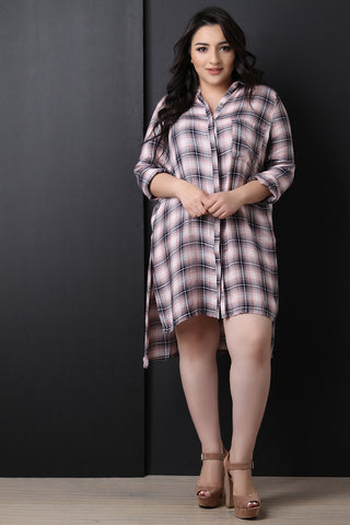 High Low Button Up Plaid Dress