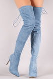Denim Back Studded Lace Up Pointy Toe Boots