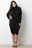 Semi-Sheer Mock Neck Ruched Dress