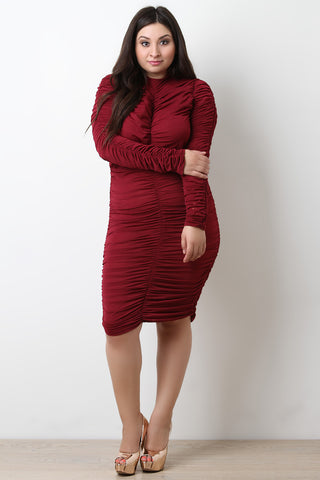 Semi-Sheer Mock Neck Ruched Dress