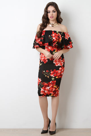 Off The Shoulder Floral Print Midi Dress