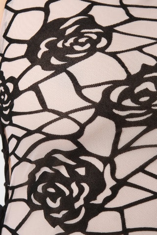 Mesh Floral Side Lace Up Midi Dress