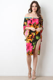 Tropical Bell Sleeve Bardot Dress