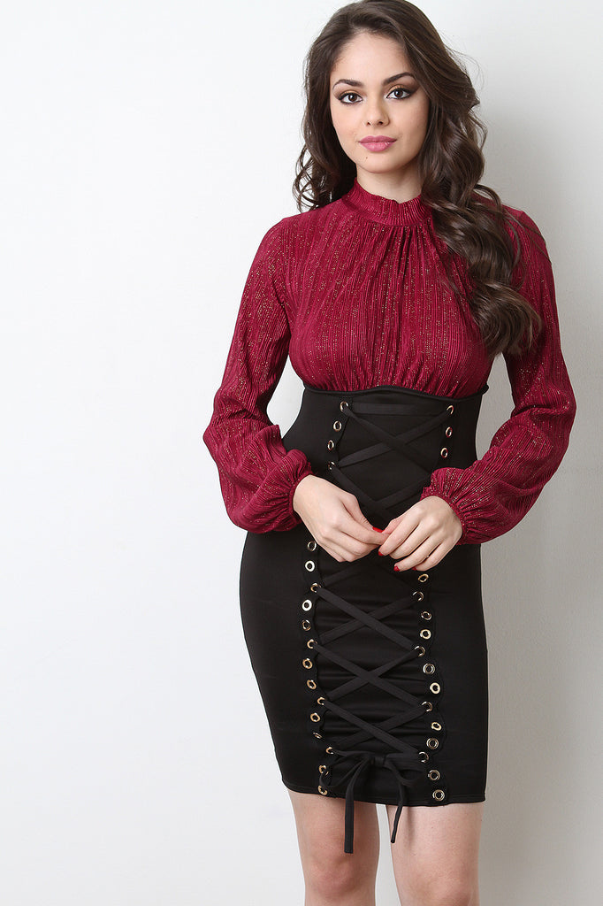 Glitter Ruched Mock Neck Twofer Dress