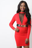 Long Sleeve Semi-Sheer Mesh Belted Mini Dress