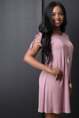 Round Neck Lace Up Sleeve Shift Dress