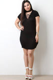 Mock Neck Lattice Yoke Ribbed Dress