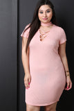 Mock Neck Lattice Yoke Ribbed Dress