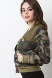 Camouflage Print Zipped Up Colorblock Bomber Jacket