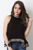 Embroidered Trim Mock Neck Sleeveless Top