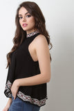 Embroidered Trim Mock Neck Sleeveless Top