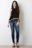 Embroidered Trim Mock Neck Sleeveless Top