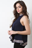 Embroidered Trim Mock Neck Sleeveless Top