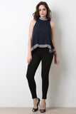 Embroidered Trim Mock Neck Sleeveless Top