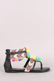 Pom Pom T-Strap Chevron Ankle Cuff Gladiator Thong Flat Sandal