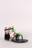 Pom Pom T-Strap Chevron Ankle Cuff Gladiator Thong Flat Sandal