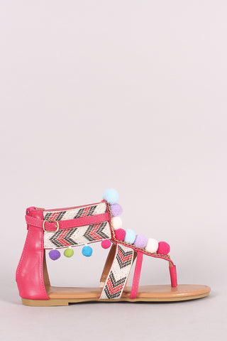 Pom Pom T-Strap Chevron Ankle Cuff Gladiator Thong Flat Sandal