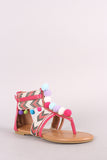 Pom Pom T-Strap Chevron Ankle Cuff Gladiator Thong Flat Sandal