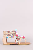 Pom Pom T-Strap Chevron Ankle Cuff Gladiator Thong Flat Sandal
