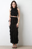 Semi-Sheer Mesh Tiered Ruffle Maxi Dress