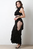 Semi-Sheer Mesh Tiered Ruffle Maxi Dress