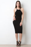 Stretchy Ribbed Knit Side Slit Caged Design Midi Dress