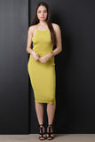 Stretchy Ribbed Knit Side Slit Caged Design Midi Dress