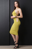 Stretchy Ribbed Knit Side Slit Caged Design Midi Dress