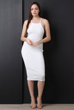 Stretchy Ribbed Knit Side Slit Caged Design Midi Dress
