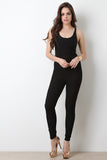 Two Tone Scoop Neck Ruched Mesh Jumpsuit
