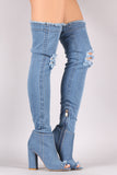 Distressed Denim Chunky Heeled Over-The-Knee Boots