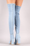 Distressed Denim Chunky Heeled Over-The-Knee Boots