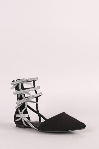 Suede Pointy Toe Glitter Bow Caged Flat