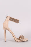 Suede Open Toe Rhinestone Accent Stiletto Heel
