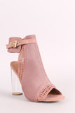 Qupid Perforated Suede Chunky Lucite Heeled Mule Booties