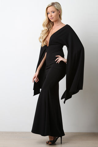 Plunging Neck Open Sleeve Mermaid Maxi Dress