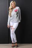 Embroidered Rosette Patch Long Sleeves Top