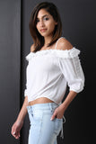 Crochet-Trim Quarter Sleeves Cold Shoulder Top