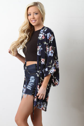 Textured Floral Open Front Kimono