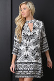 Floral Mock Neck Keyhole Yoke Shift Dress