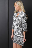 Floral Mock Neck Keyhole Yoke Shift Dress