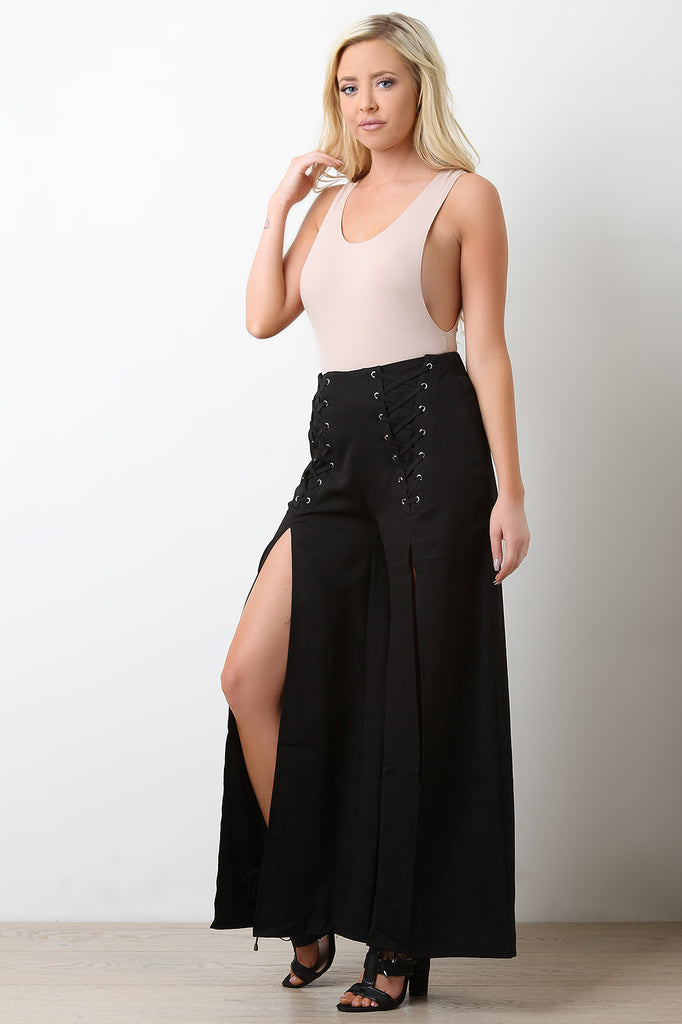Corset Slit Wide Leg Palazzo Pants