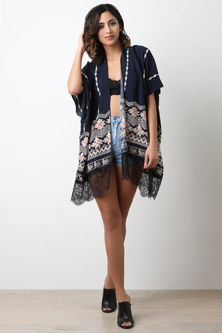 Pattern Open Front Lace Hem Kimono