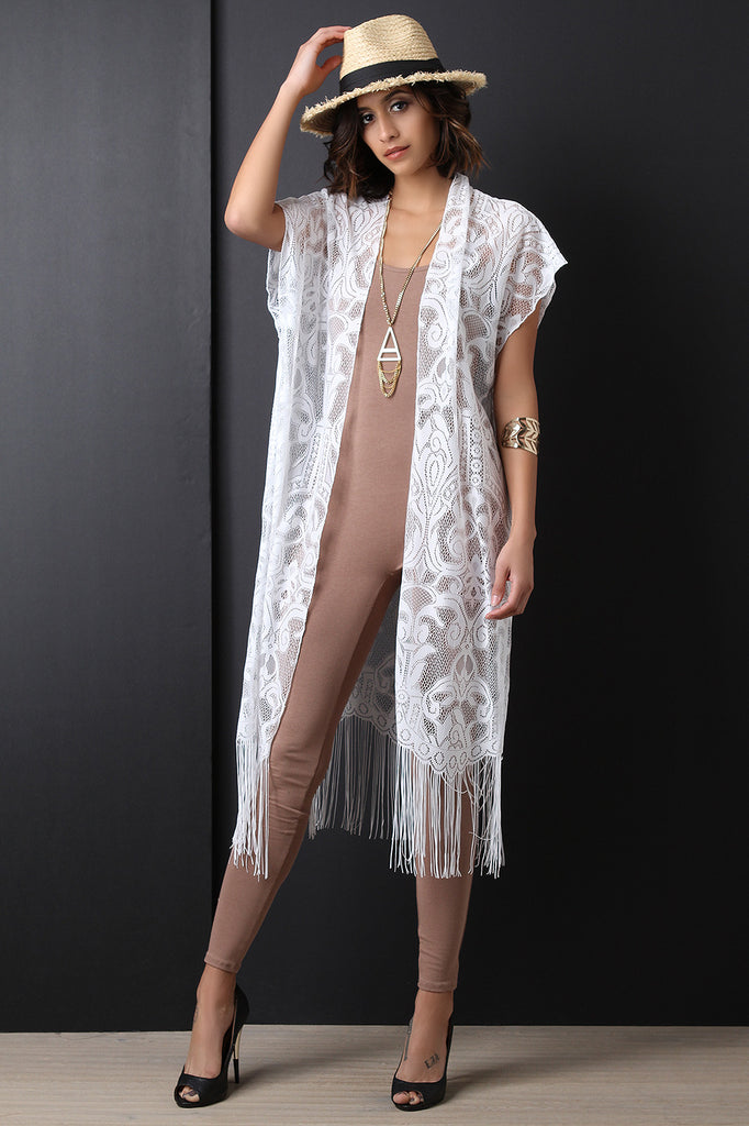 Lace Open Front Fringe-Hem Long Line Kimono