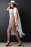 Lace Open Front Fringe-Hem Long Line Kimono
