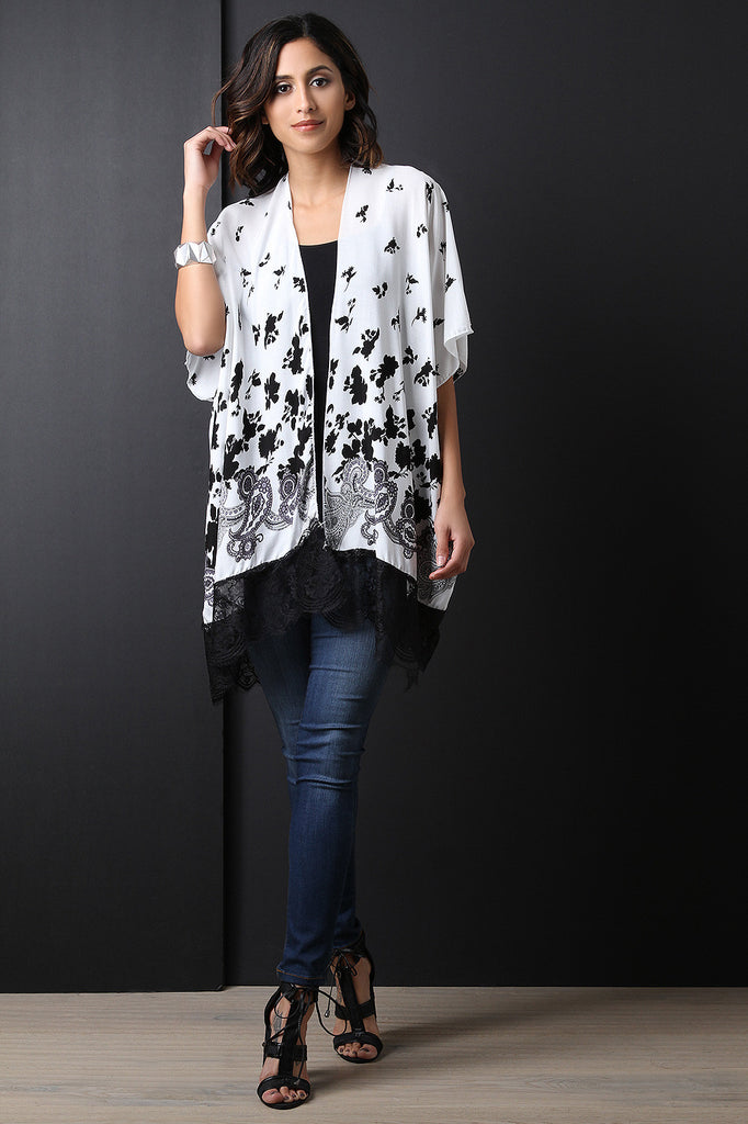 Floral Print Lace-Hem Elbow Sleeves Open Front Kimono