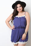 Spaghetti Strap Crochet Trim Button Up Romper