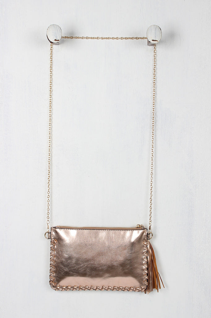 Metallic Floral Tassel Crossbody Bag